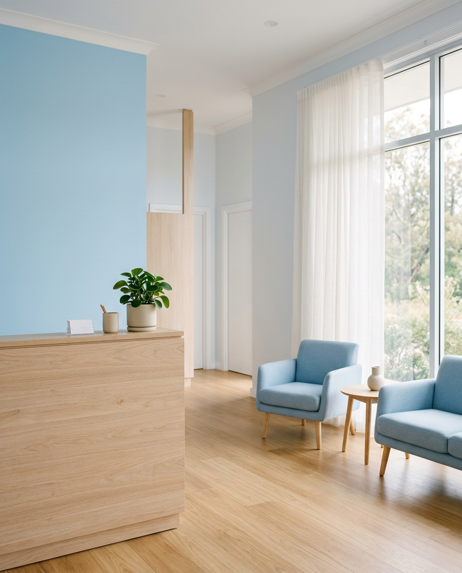 Calm clinic reception area with a timber desk and light blue seating